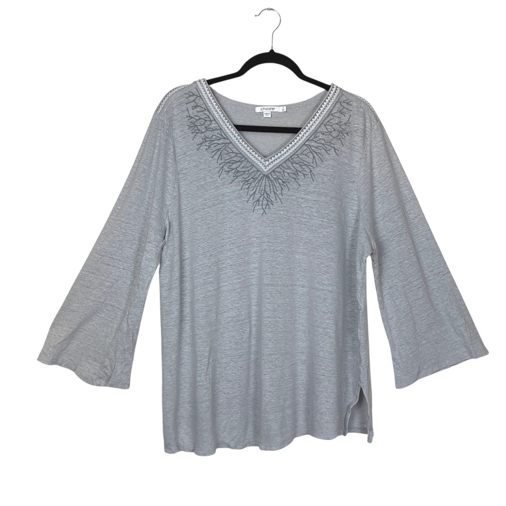 2025 Chico's Linen Bell Sleeve Embroidered V-Neck Top Size‎ XL Grey Beachy Boho